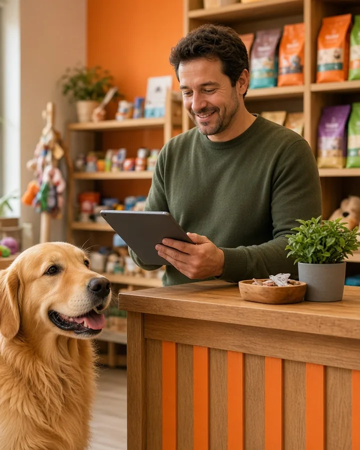 Salón de ventas de un pet shop con estanterías de productos